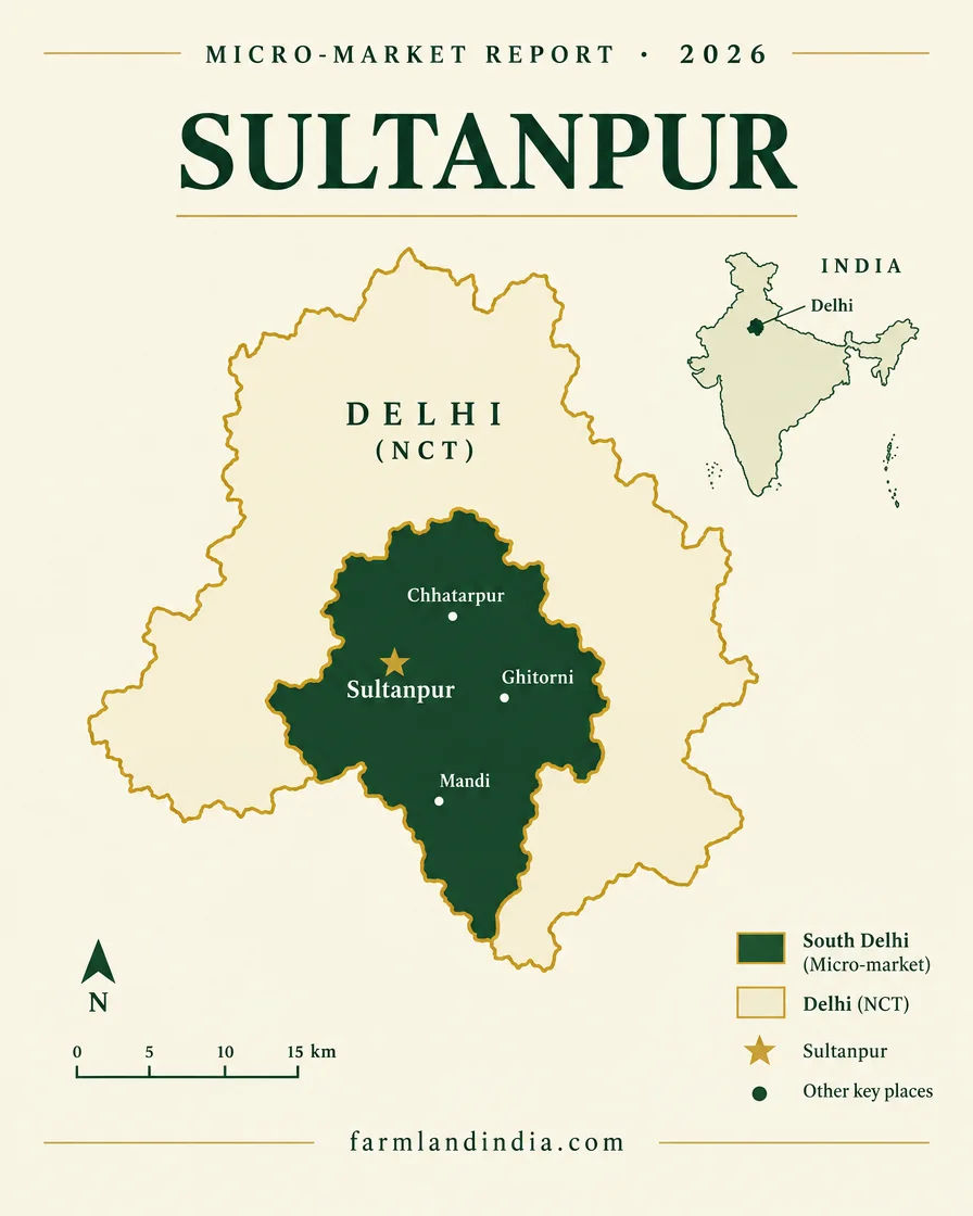 Locator map of Sultanpur in South Delhi showing Sultanpur, Chhatarpur, Ghitorni, Mandi