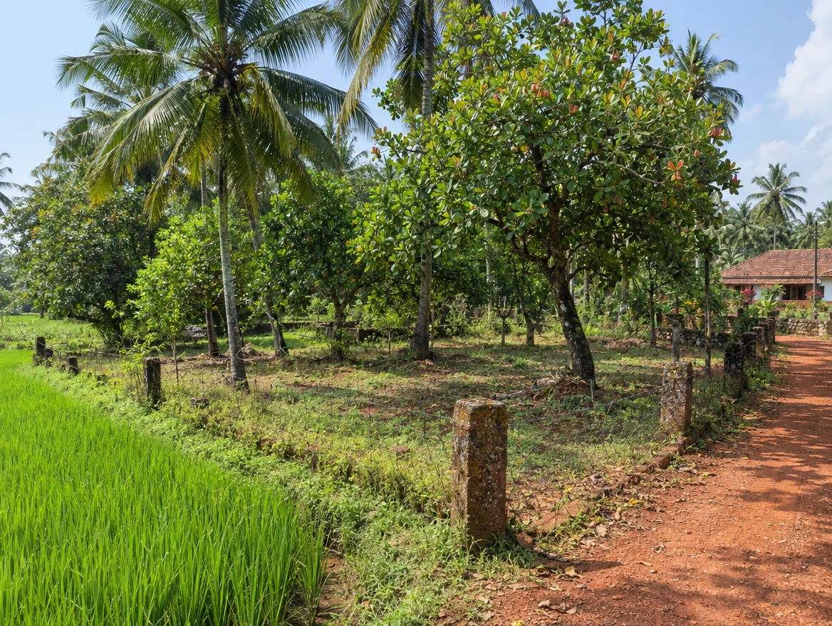 Fenced plot with laterite boundary stones, coconut and cashew trees and a paddy field in Goa