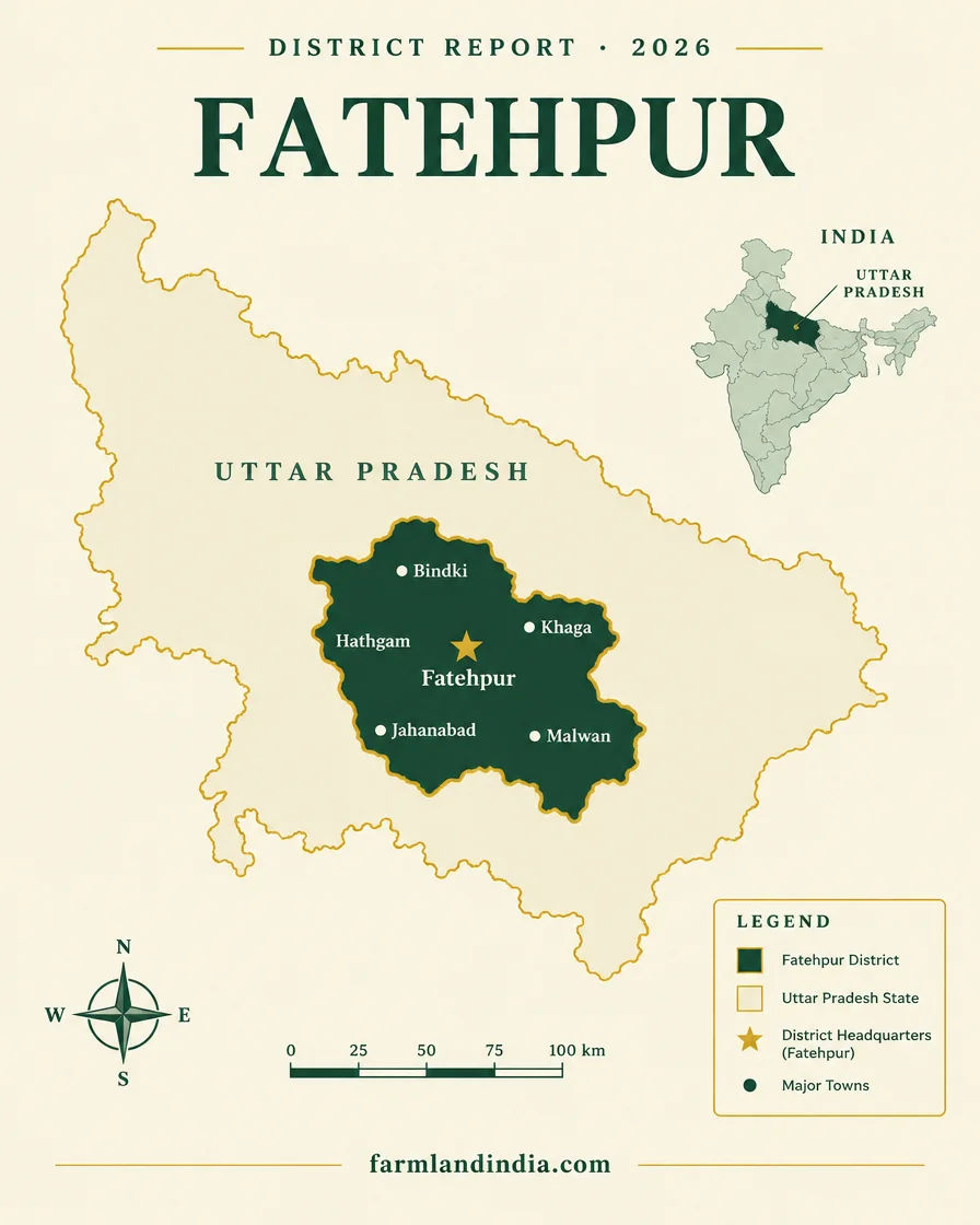 Locator map of Fatehpur district in Uttar Pradesh showing Fatehpur, Bindki, Khaga, Hathgam, Jahanabad, Malwan