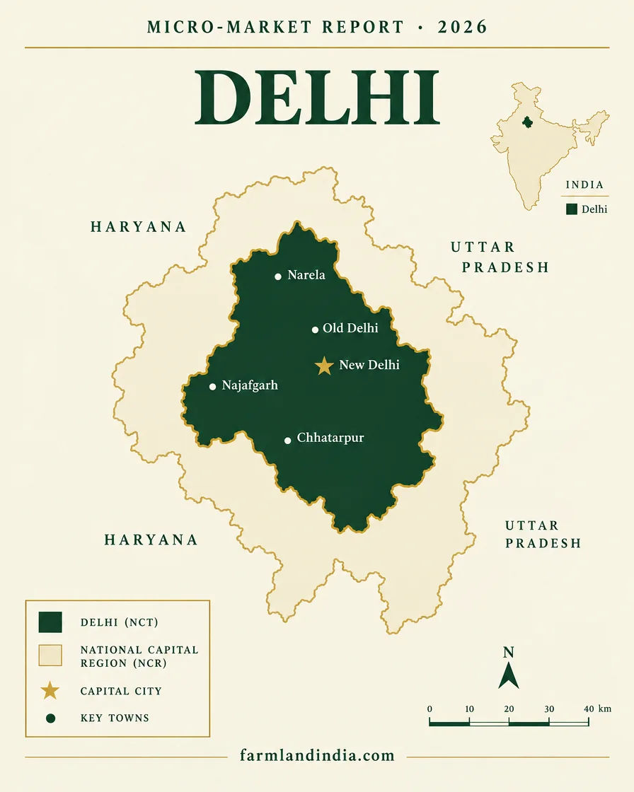 Locator map of the National Capital Territory of Delhi within the NCR, with Old Delhi, New Delhi, Narela, Najafgarh and Chhatarpur marked