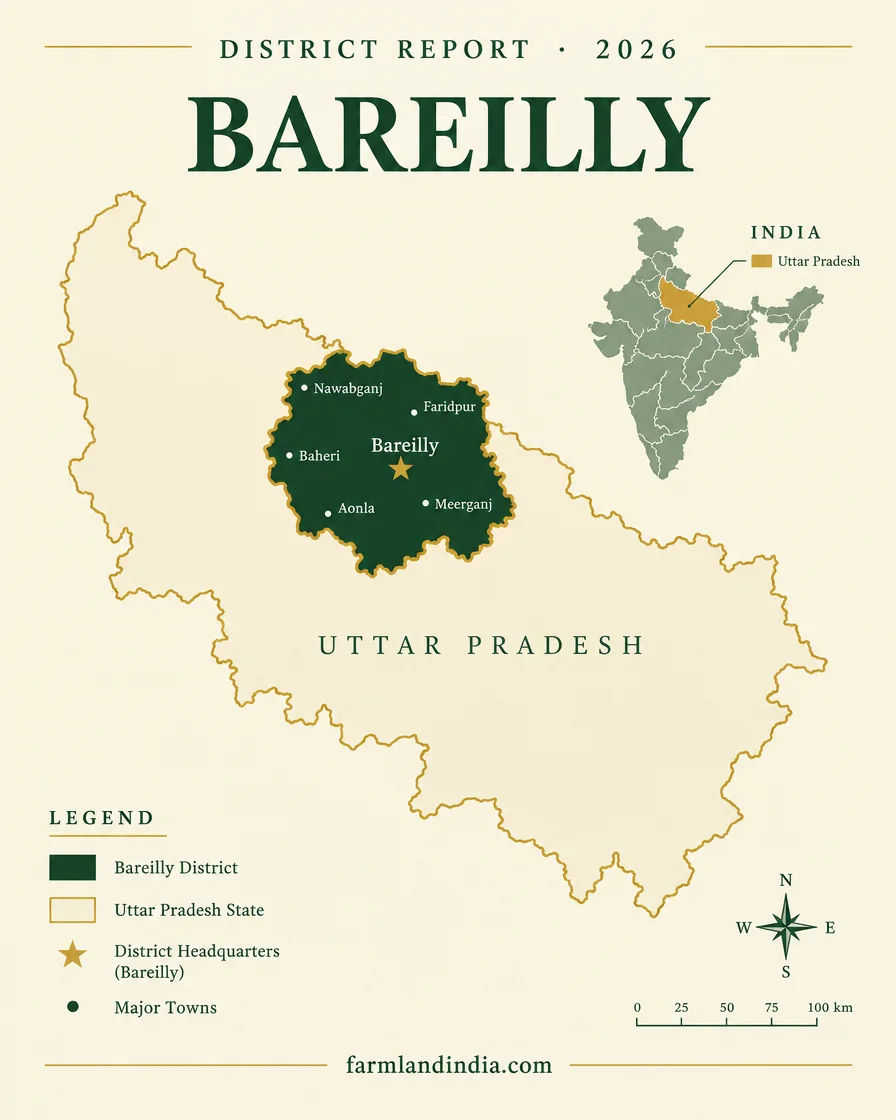 Locator map of Bareilly district in Uttar Pradesh showing the main towns and tehsils