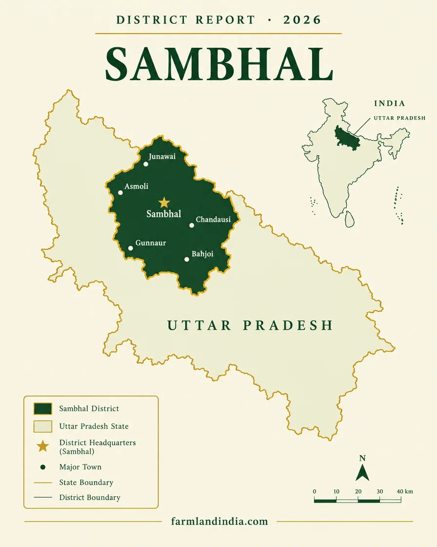 Locator map of Sambhal district in Uttar Pradesh showing Sambhal, Chandausi, Gunnaur, Bahjoi, Asmoli, Junawai