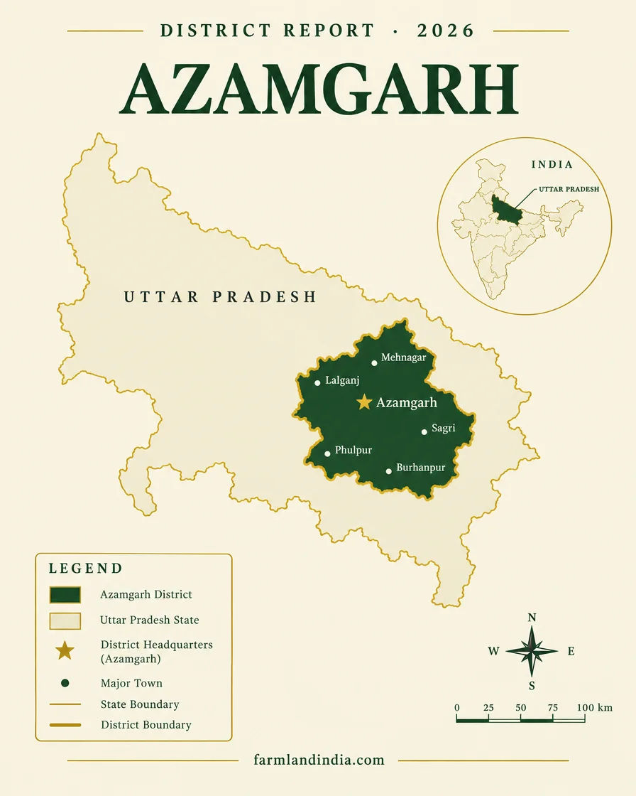Locator map of Azamgarh district in Uttar Pradesh showing Azamgarh, Sagri, Lalganj, Mehnagar, Phulpur, Burhanpur