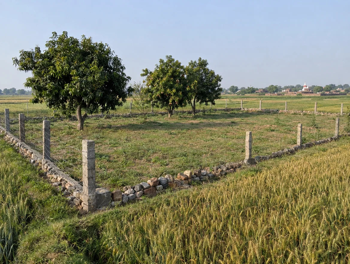 Fenced farm plot with boundary stones in Ayodhya district, Uttar Pradesh