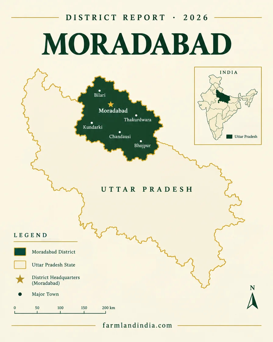 Locator map of Moradabad district in Uttar Pradesh showing the main towns and tehsils
