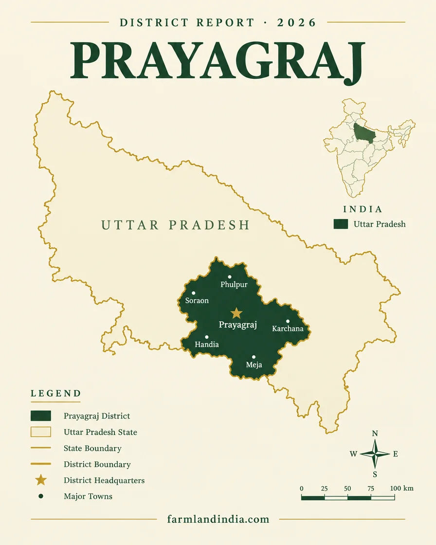 Locator map of Prayagraj district in Uttar Pradesh showing the main towns and tehsils