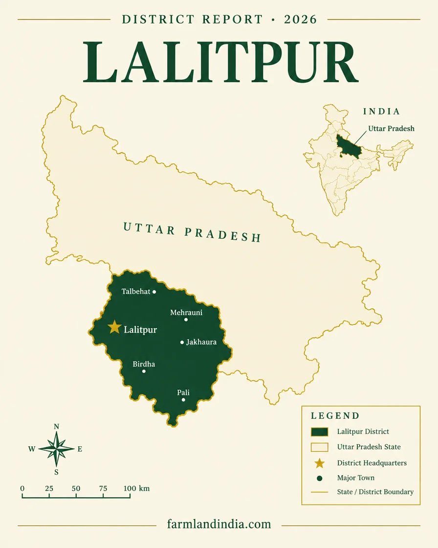 Locator map of Lalitpur district in Uttar Pradesh showing Lalitpur, Talbehat, Mehrauni, Jakhaura, Birdha, Pali