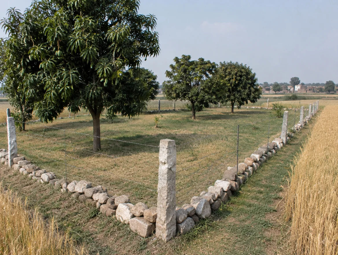 Fenced farm plot with boundary stones in Mahoba district, Uttar Pradesh