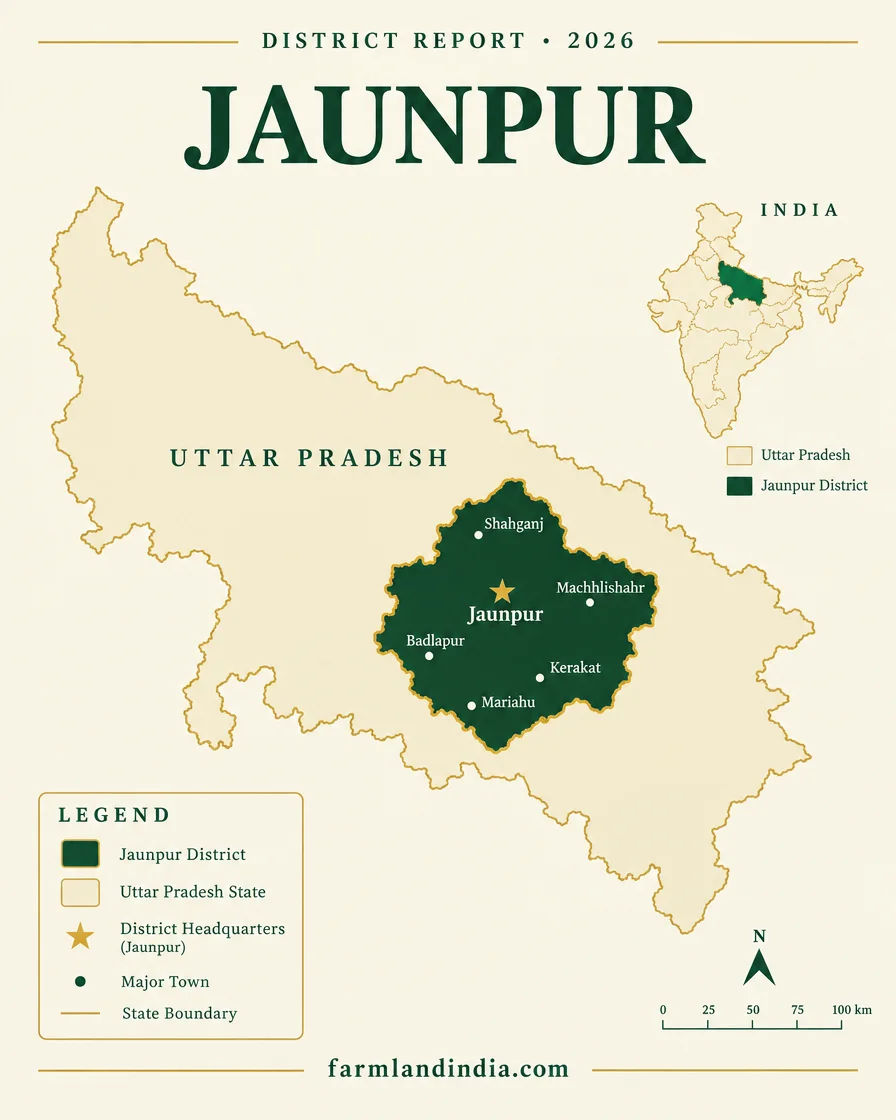 Locator map of Jaunpur district in Uttar Pradesh showing Jaunpur, Machhlishahr, Shahganj, Badlapur, Kerakat, Mariahu