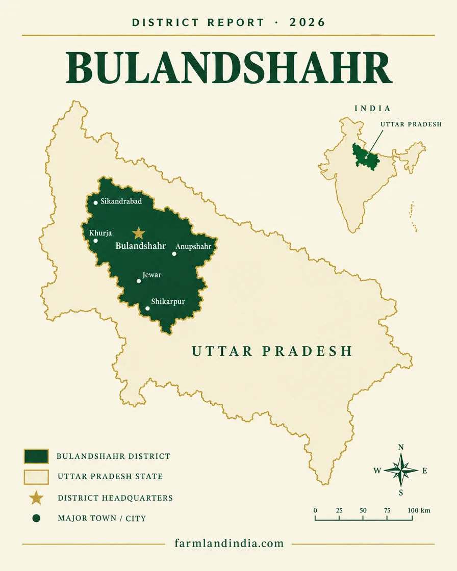 Locator map of Bulandshahr district in Uttar Pradesh showing the main towns and tehsils