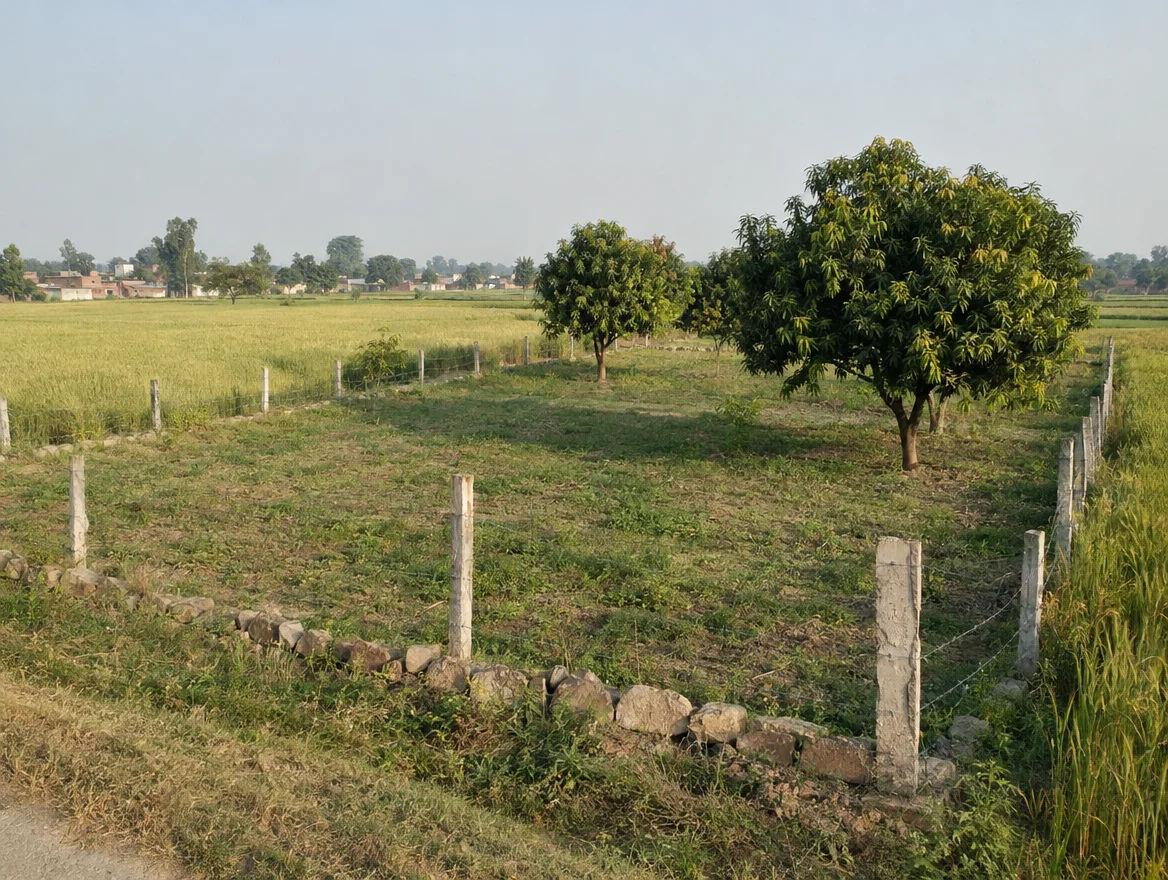 Fenced farm plot with boundary stones in Bareilly district, Uttar Pradesh