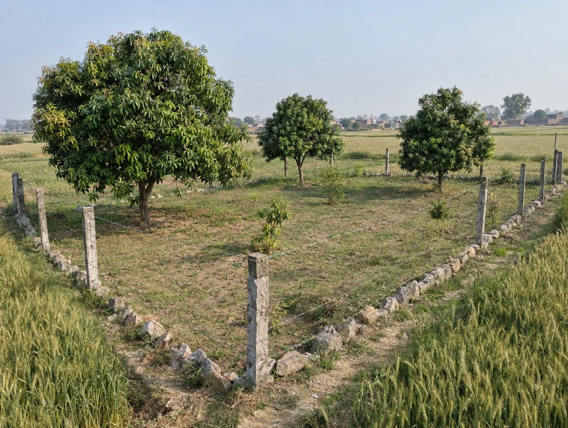 Fenced farm plot with boundary stones in Bulandshahr district, Uttar Pradesh