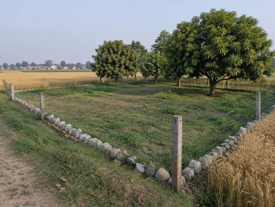 Fenced farm plot with boundary stones in Etawah district, Uttar Pradesh