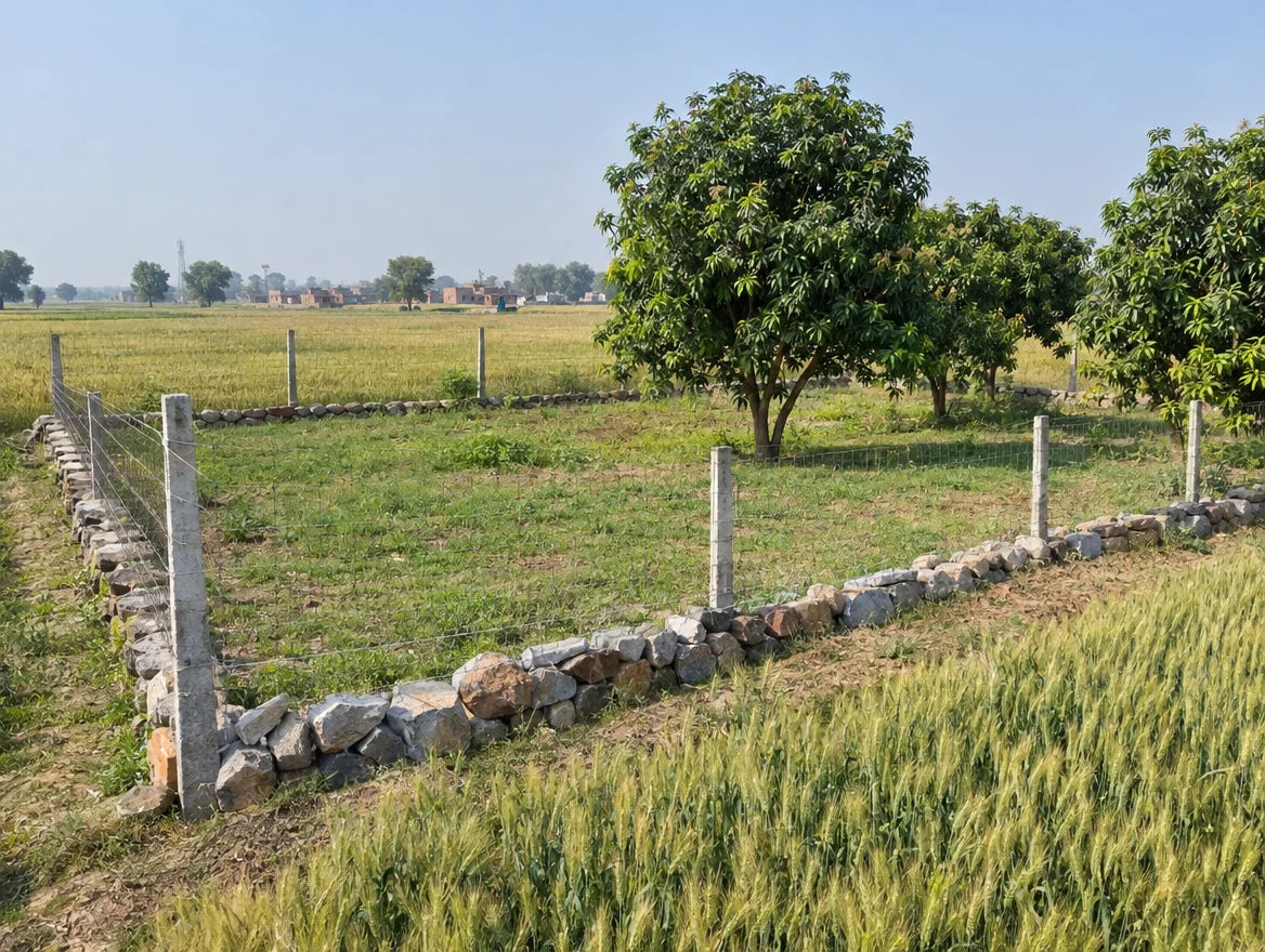 Fenced farm plot with boundary stones in Raebareli district, Uttar Pradesh