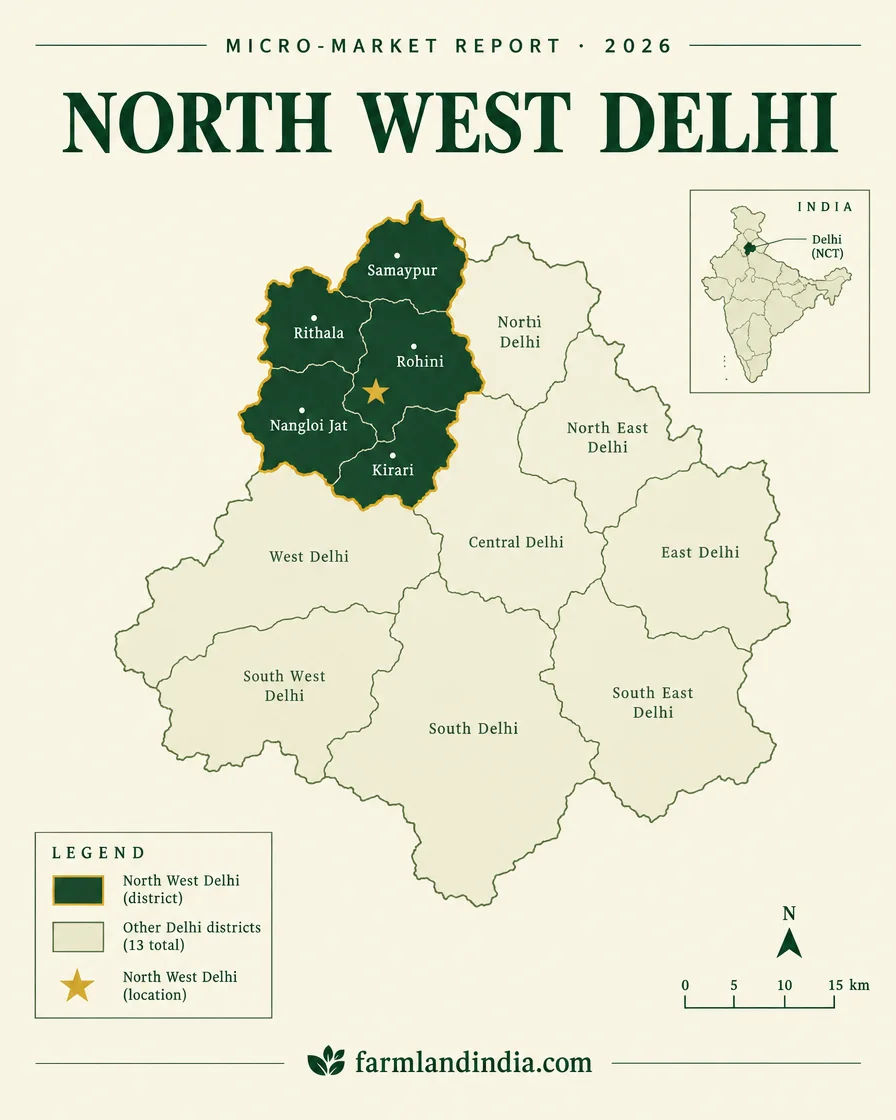 Locator map of North West Delhi district in Delhi showing Rohini, Kirari, Nangloi Jat, Rithala and Samaypur, with Narela, Bawana and Alipur now in Outer North