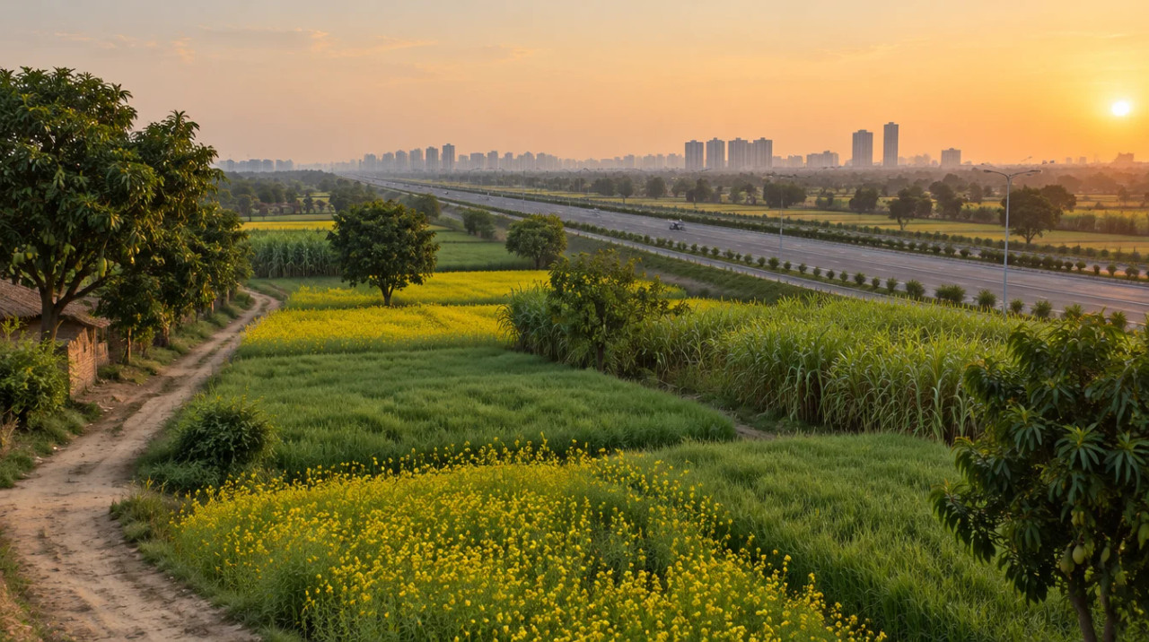 Wheat fields at the edge of a planned sector beside a six-lane expressway in Gautam Buddha Nagar, Uttar Pradesh, with high-rise buildings in the distance