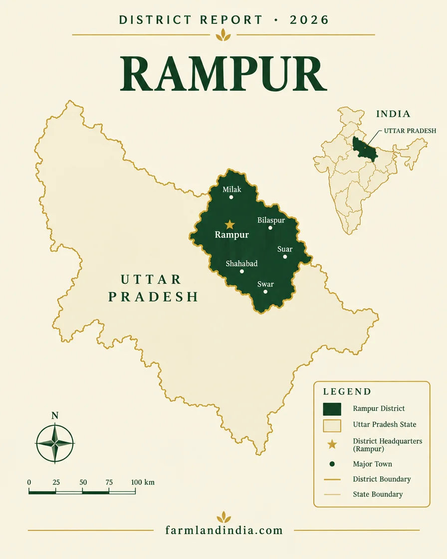 Locator map of Rampur district in Uttar Pradesh showing Rampur, Milak, Bilaspur, Suar, Shahabad, Swar