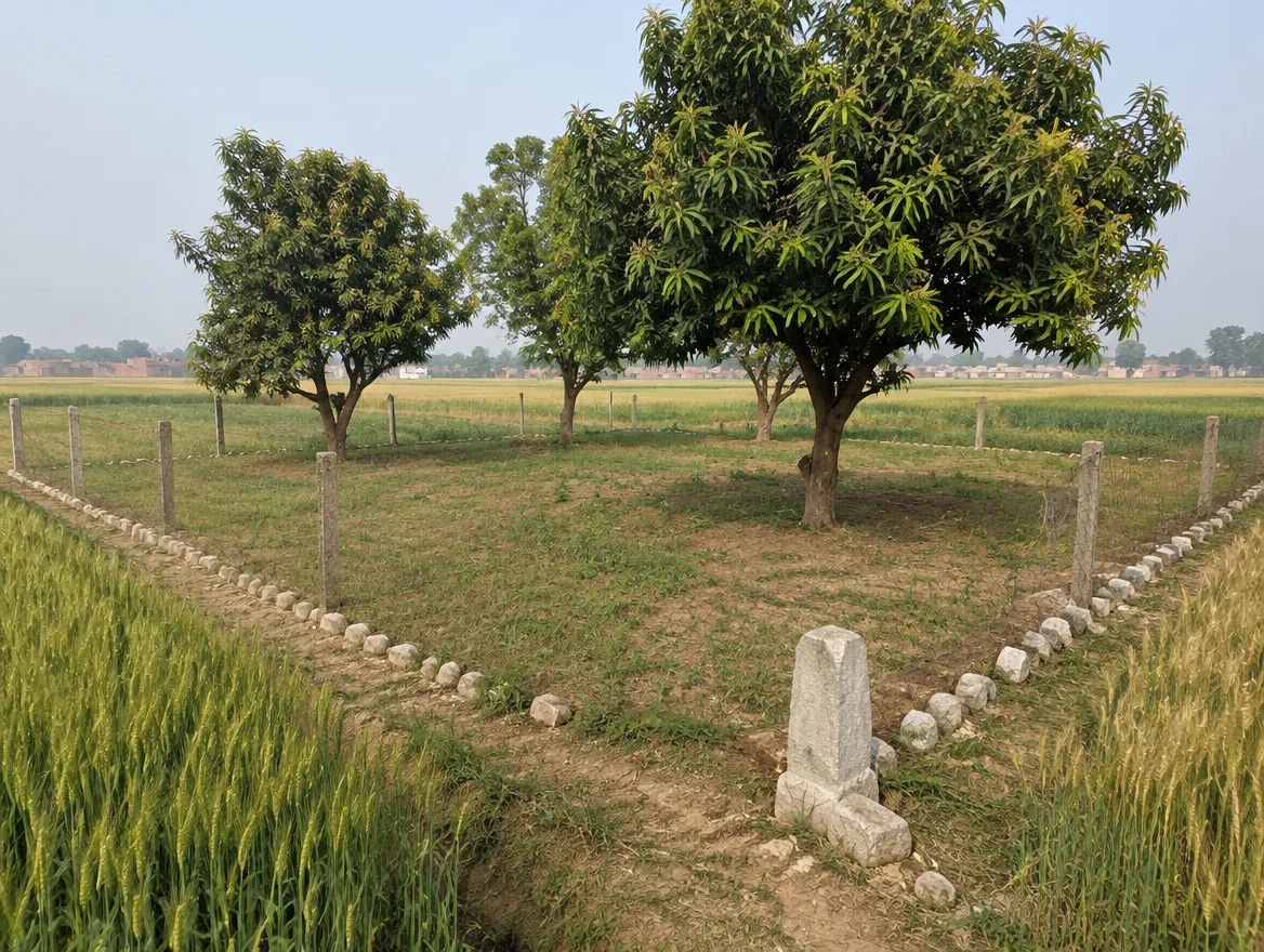 Fenced farm plot with boundary stones in Lakhimpur Kheri district, Uttar Pradesh