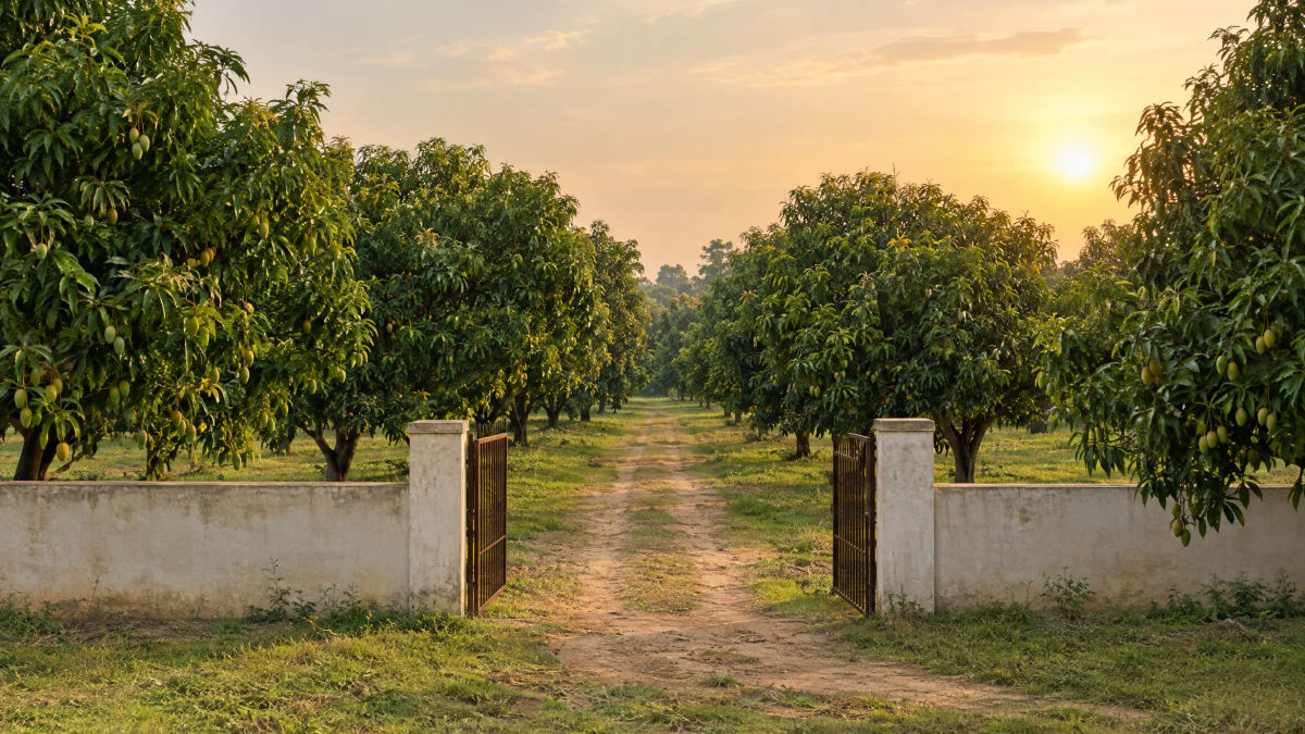 armhouse plot near Gurugram, Haryana, with a boundary wall, an open iron gate and a young guava and citrus orchard on drip irrigation, with the Aravalli ridge behind.