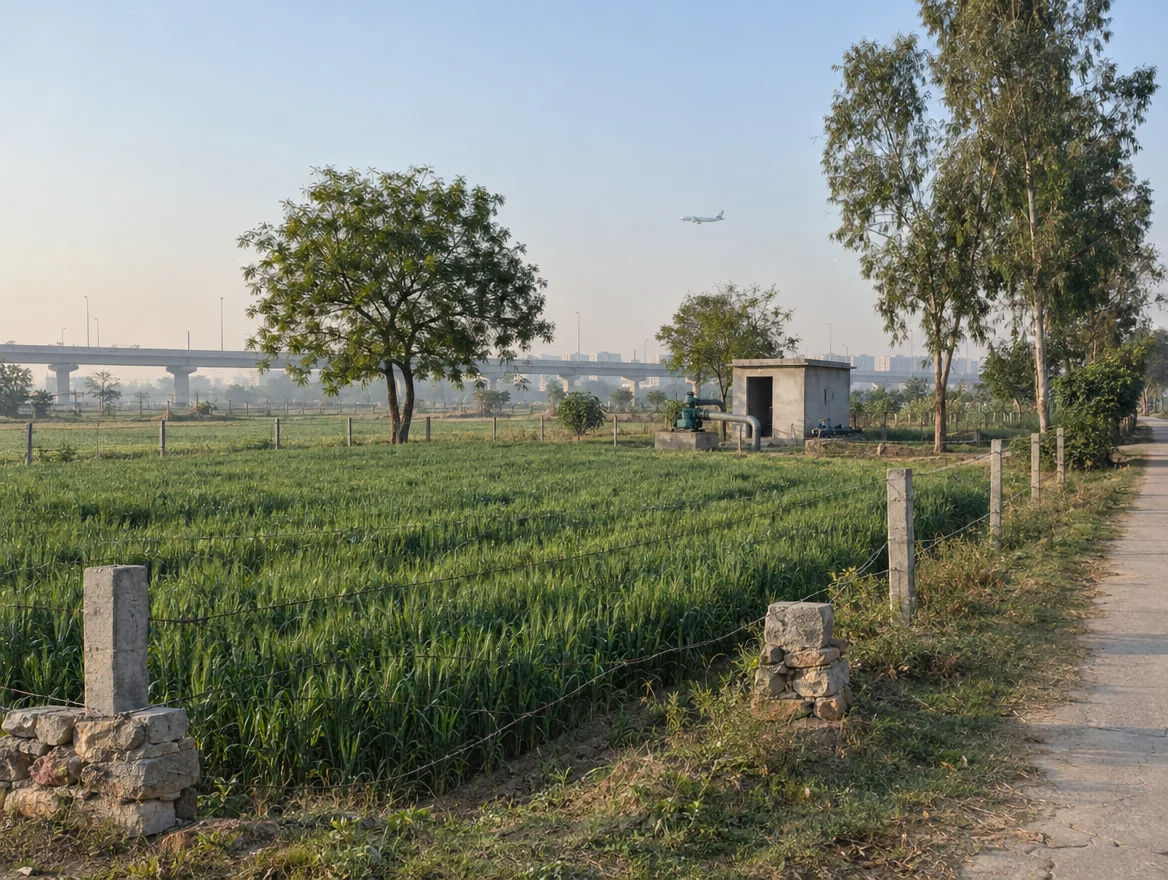 Fenced farm plot near Bijwasan in South West Delhi with fields and an expressway in the distance