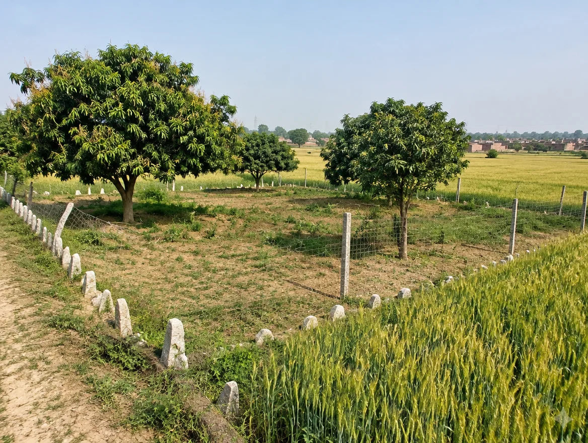 Fenced farm plot with boundary stones in Kaushambi district, Uttar Pradesh