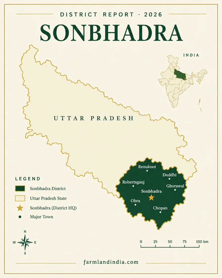 Locator map of Sonbhadra district in Uttar Pradesh showing Robertsganj, Obra, Renukoot, Duddhi, Ghorawal, Chopan
