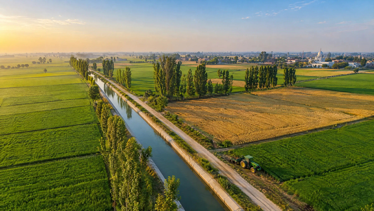 Aerial view of paddy and wheat fields in Punjab, with a concrete canal, a farm track, poplar boundary rows and a village in the distance.