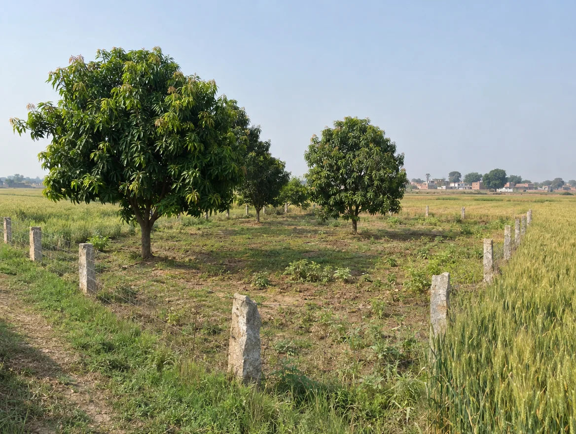 Fenced farm plot with boundary stones in Jaunpur district, Uttar Pradesh