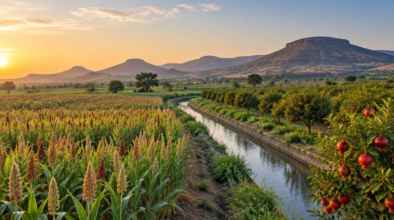 Wheat and sorghum fields with a canal near Ahilyanagar (Ahmed Nagar), Maharashtra