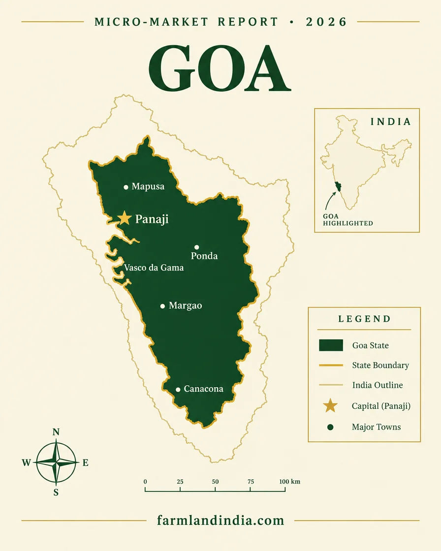 Locator map of Goa showing Panaji, Margao, Mapusa, Ponda, Vasco da Gama and Canacona