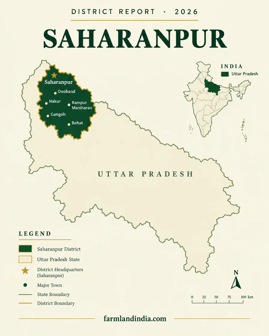 Locator map of Saharanpur district in Uttar Pradesh showing the main towns and tehsils