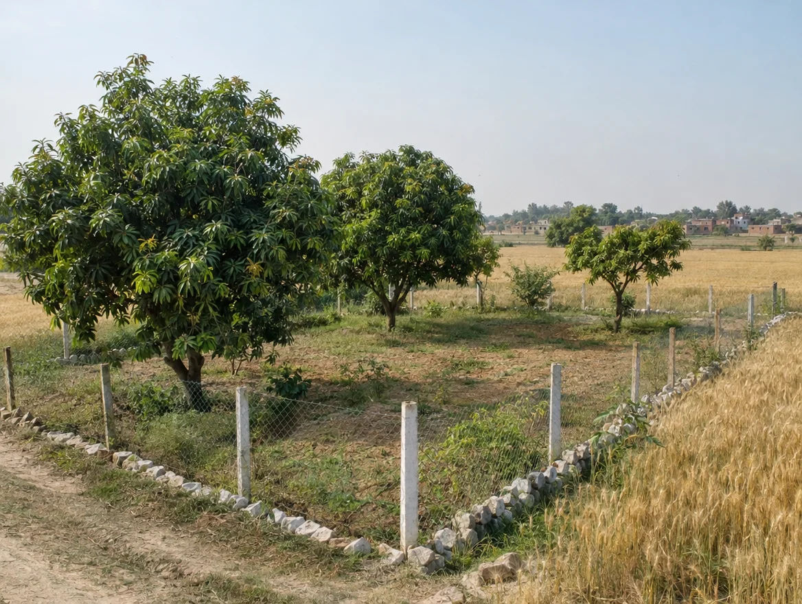 Fenced farm plot with boundary stones in Hathras district, Uttar Pradesh