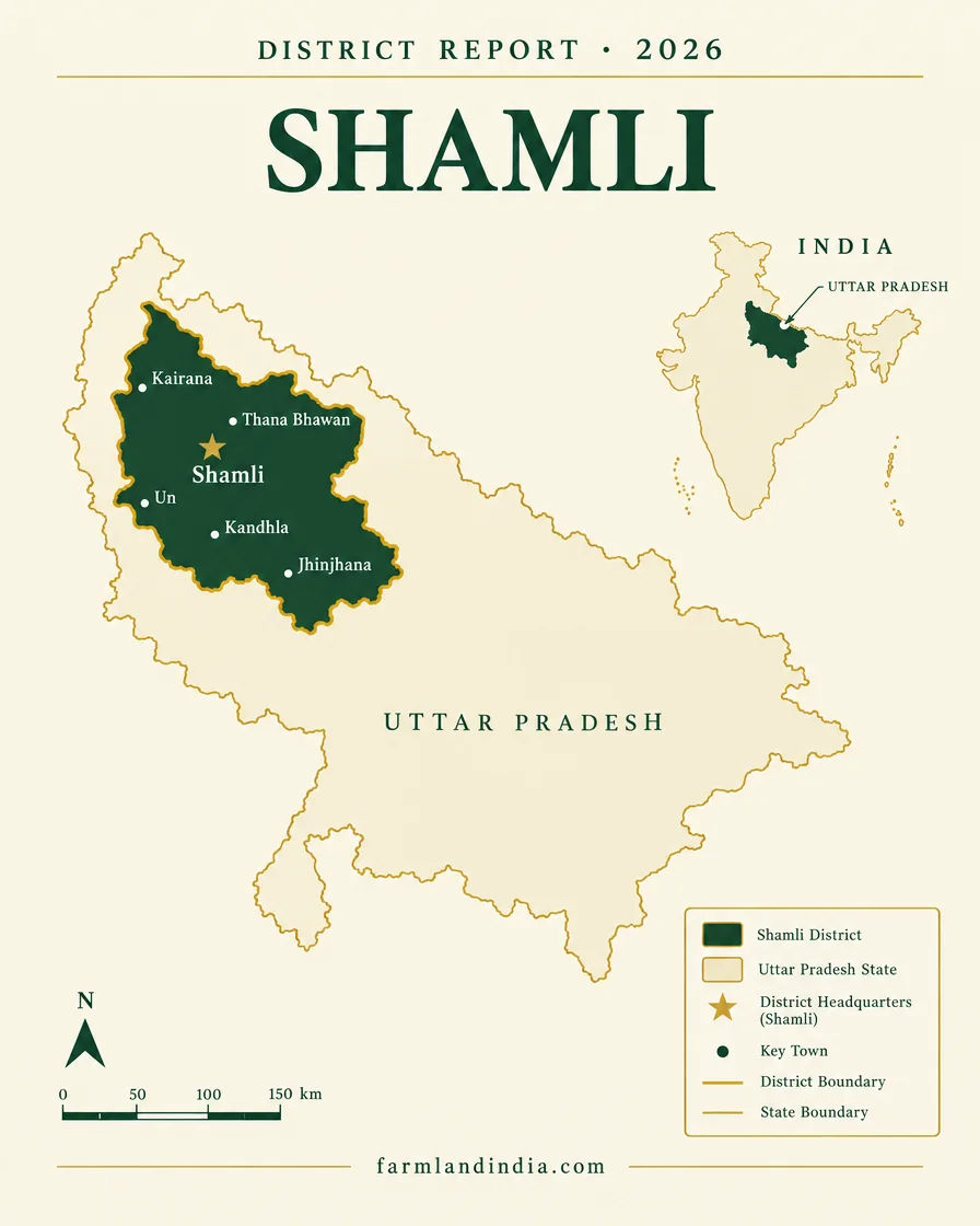 Locator map of Shamli district in Uttar Pradesh showing the main towns and tehsils
