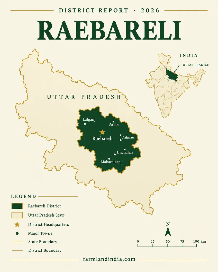 Locator map of Raebareli district in Uttar Pradesh showing Raebareli, Lalganj, Salon, Dalmau, Unchahar, Maharajganj