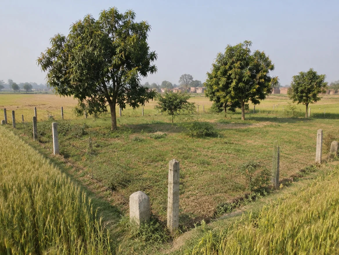 Fenced farm plot with boundary stones in Gonda district, Uttar Pradesh