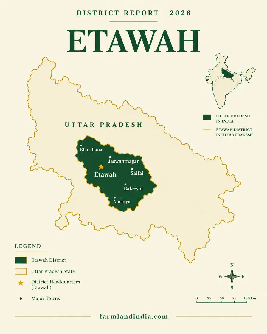 Locator map of Etawah district in Uttar Pradesh showing Etawah, Bharthana, Jaswantnagar, Saifai, Bakewar, Ausaiya