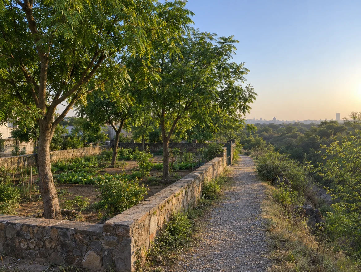 A small walled garden plot with neem trees and a gravel track beside a wooded ridge edge in Central Delhi