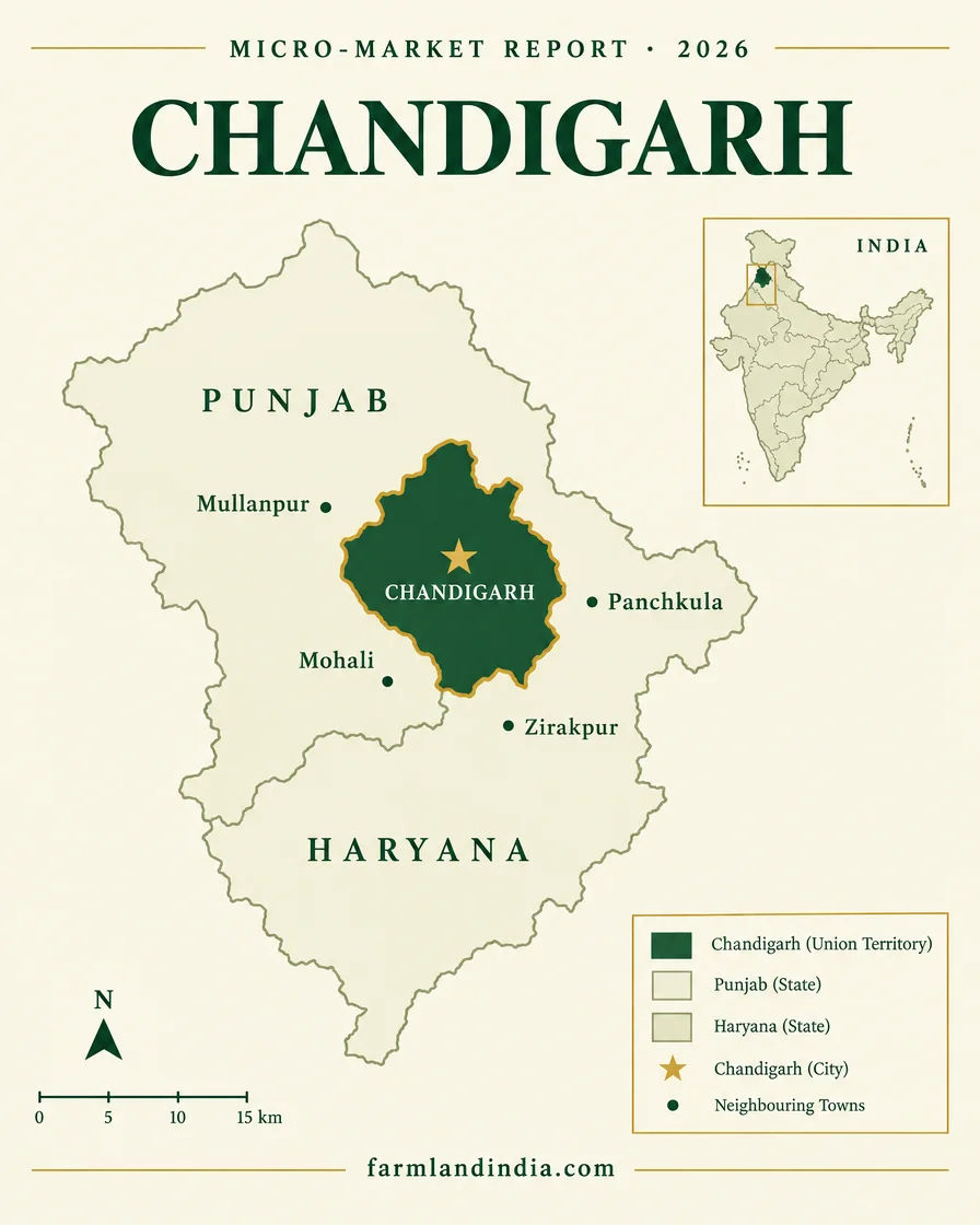Locator map of Chandigarh Union Territory between Punjab and Haryana, showing Mohali, Panchkula, Zirakpur and Mullanpur