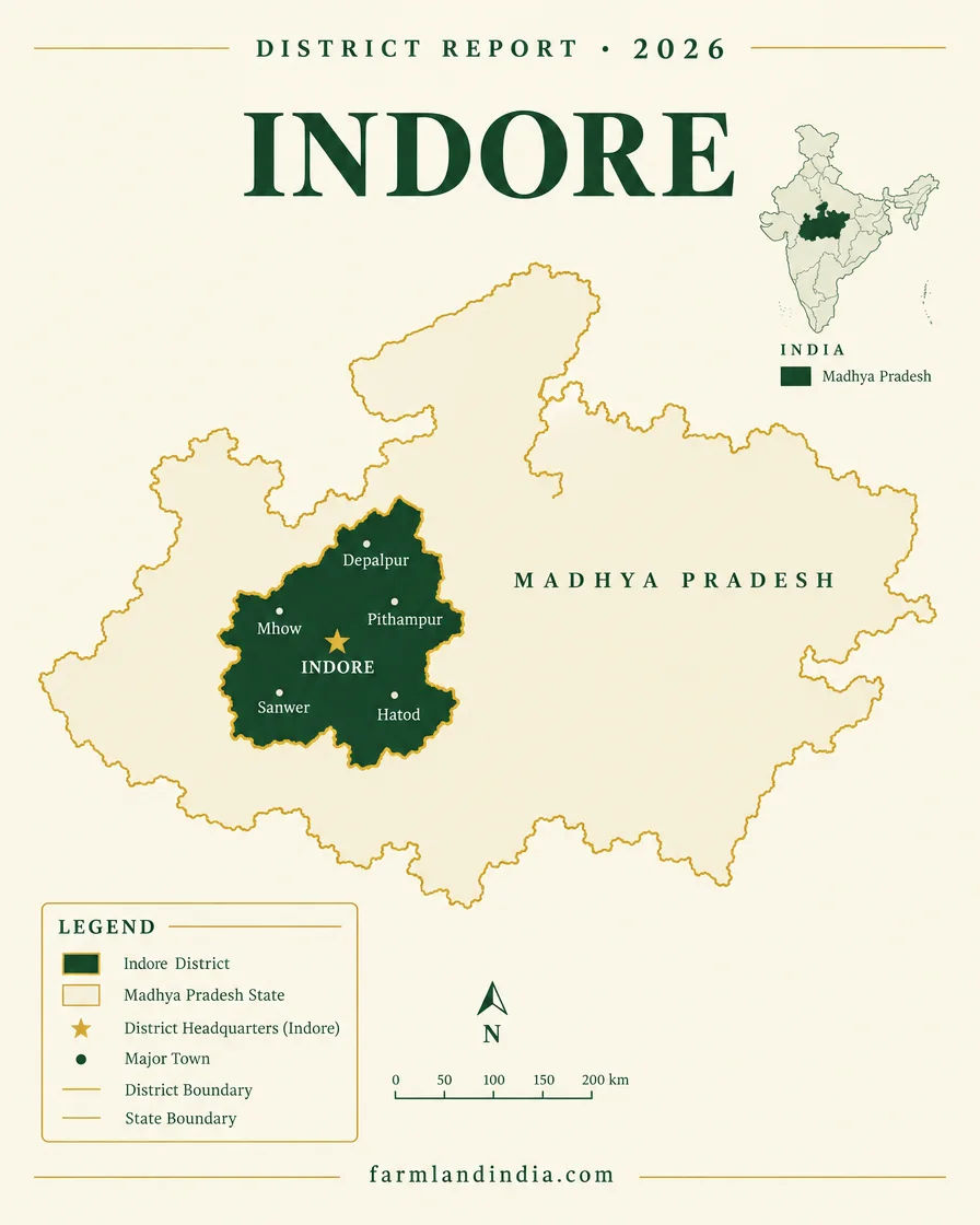 Locator map of Indore district in Madhya Pradesh showing Indore, Mhow, Sanwer, Depalpur, Pithampur, Hatod