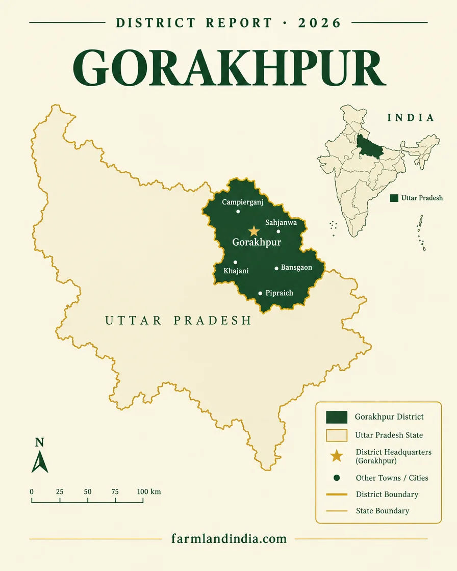 Locator map of Gorakhpur district in Uttar Pradesh showing the main towns and tehsils