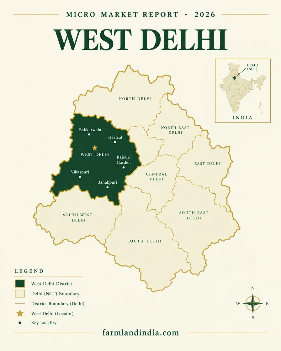 Locator map of West Delhi district in Delhi showing Vikaspuri, Janakpuri, Rajouri Garden, Hastsal and Bakkarwala