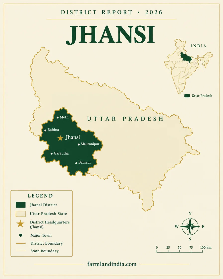 Locator map of Jhansi district in Uttar Pradesh showing Jhansi, Moth, Babina, Mauranipur, Garautha, Bamaur