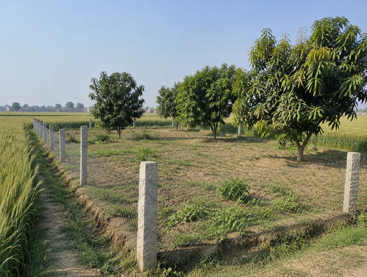 Fenced farm plot with boundary stones in Kasganj district, Uttar Pradesh