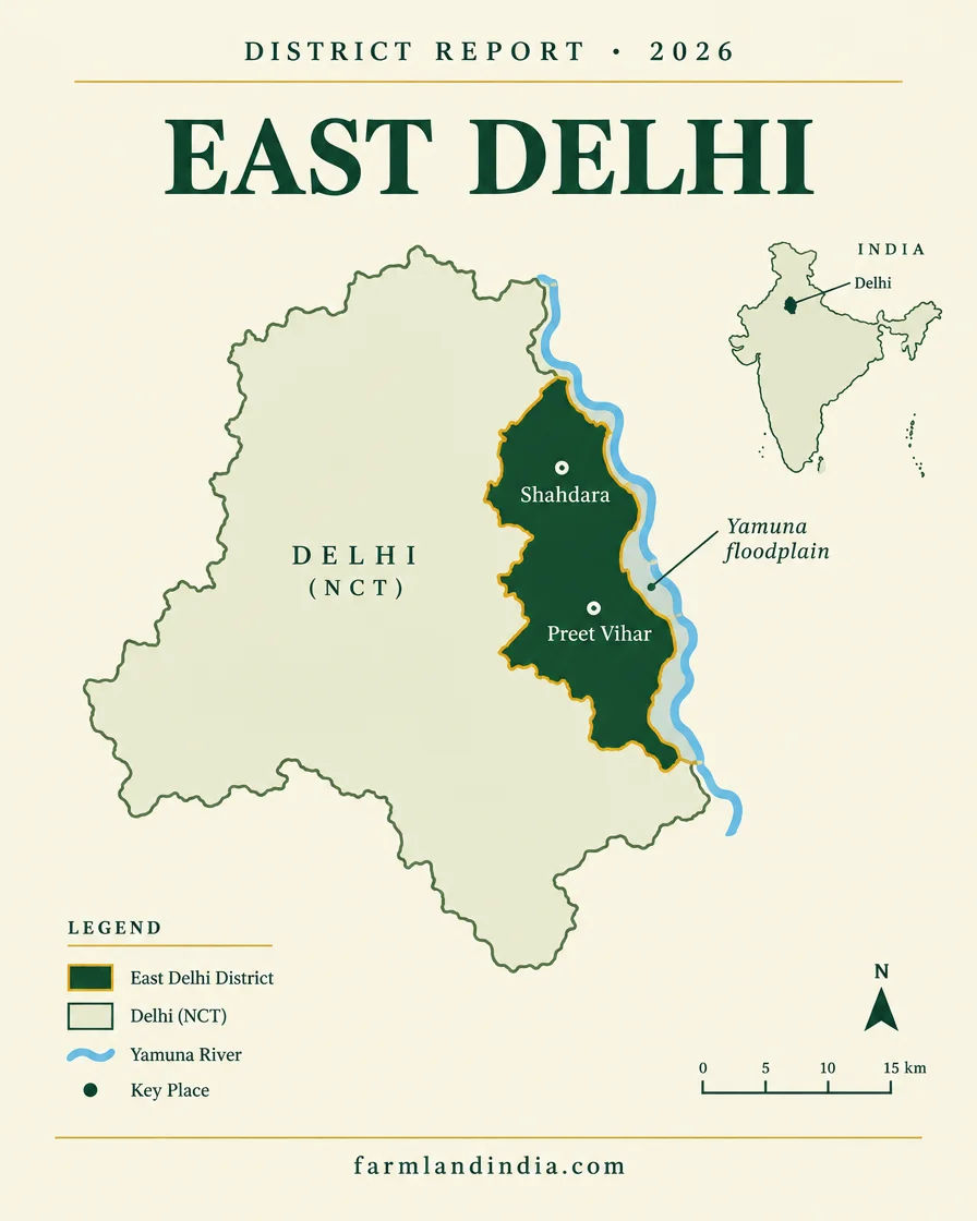 Schematic locator map of East Delhi district within the National Capital Territory of Delhi