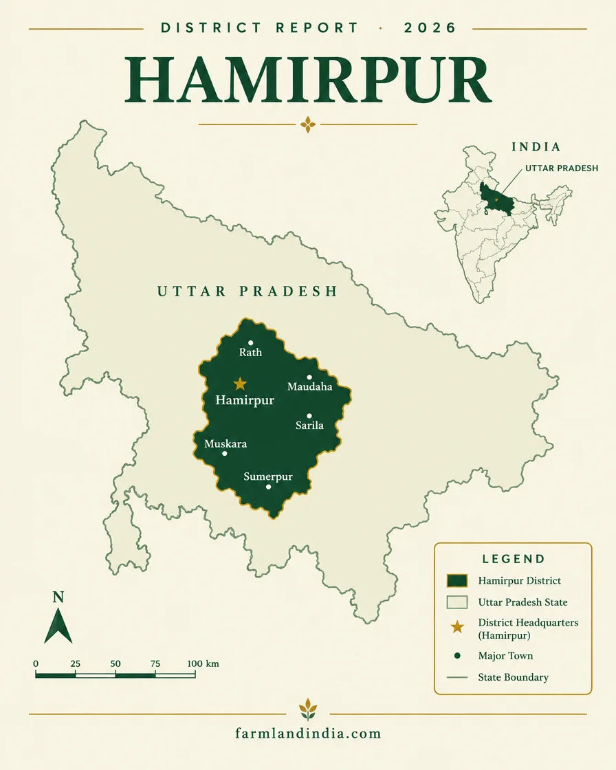 Locator map of Hamirpur district in Uttar Pradesh showing Hamirpur, Rath, Maudaha, Sarila, Muskara, Sumerpur