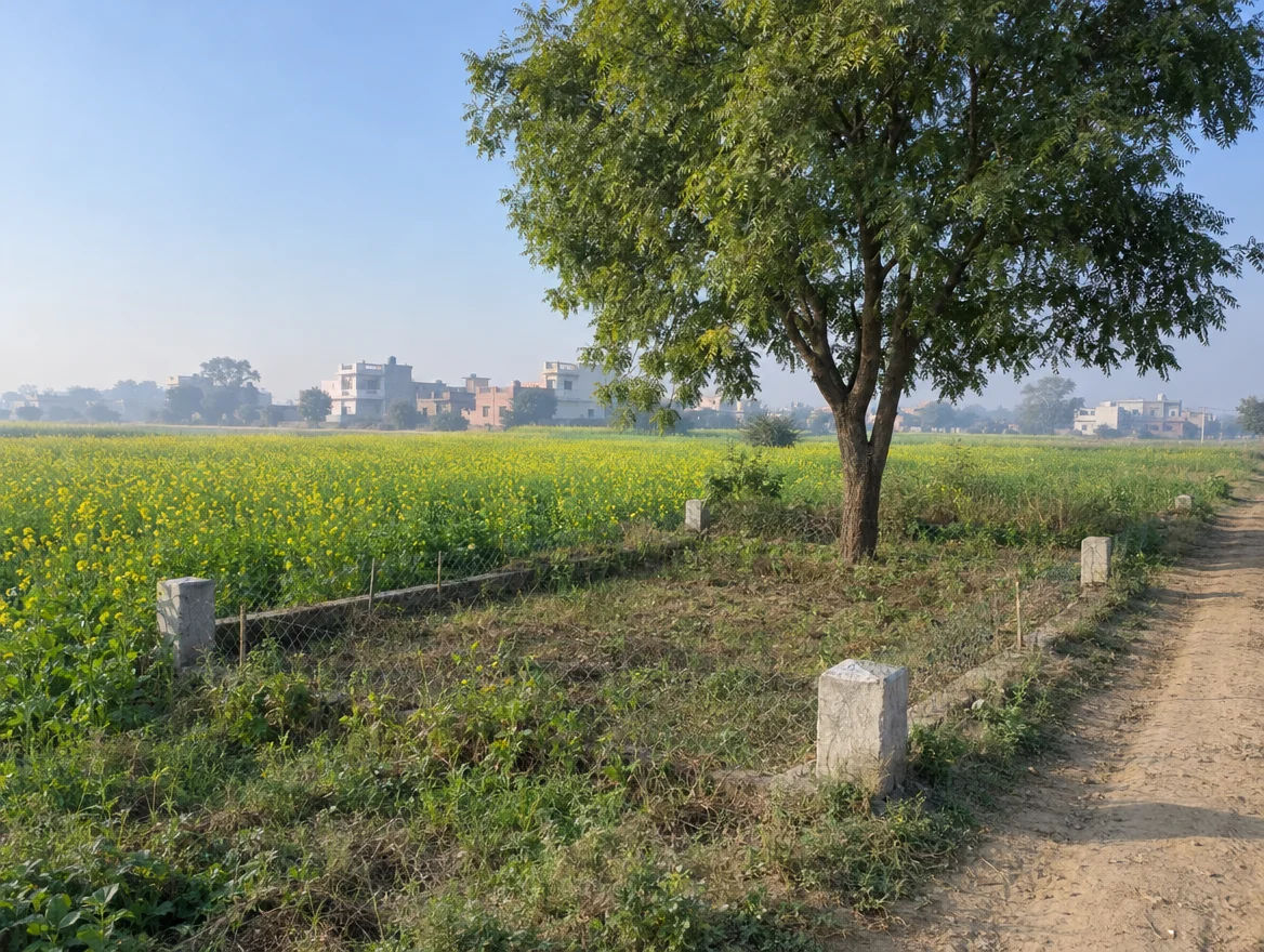 Boundary stones marking a small fenced plot beside a mustard field with low-rise residential blocks in the distance in West Delhi