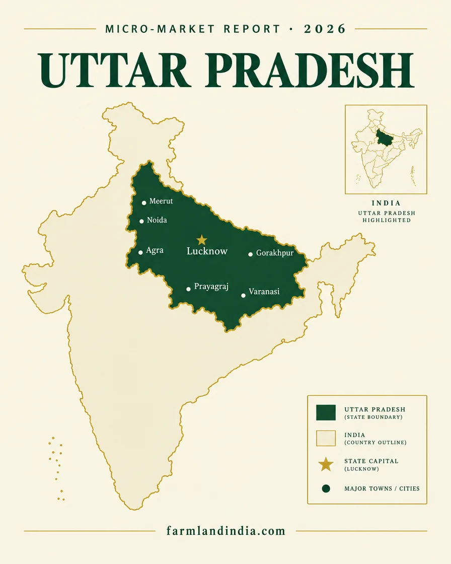 Locator map of Uttar Pradesh showing Lucknow, Noida, Agra, Varanasi, Prayagraj, Meerut and Gorakhpur