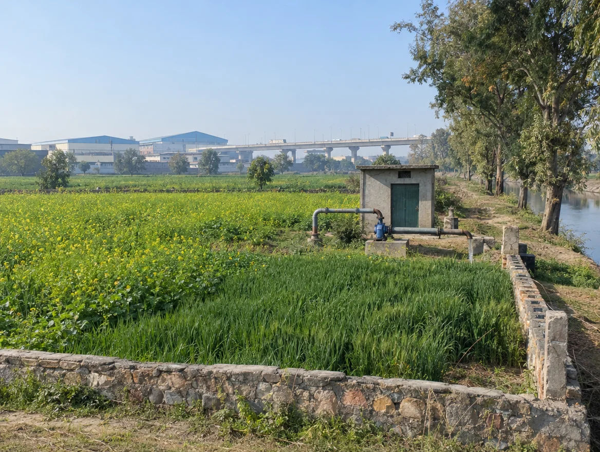 Fenced farm plot near Bawana in Outer North Delhi with a canal and industrial sheds in the distance