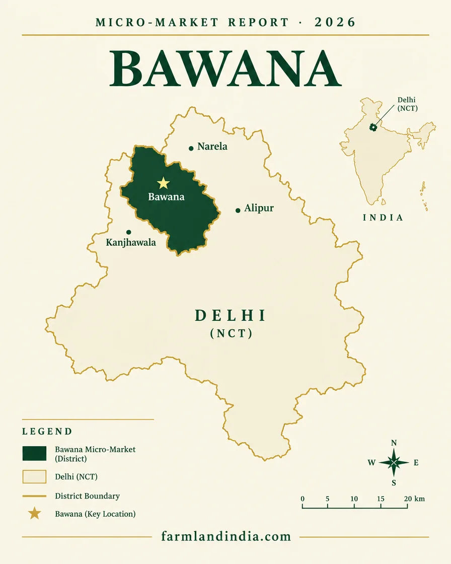 Locator map of Bawana in Outer North Delhi, Delhi, showing Bawana, Narela, Kanjhawala, Alipur