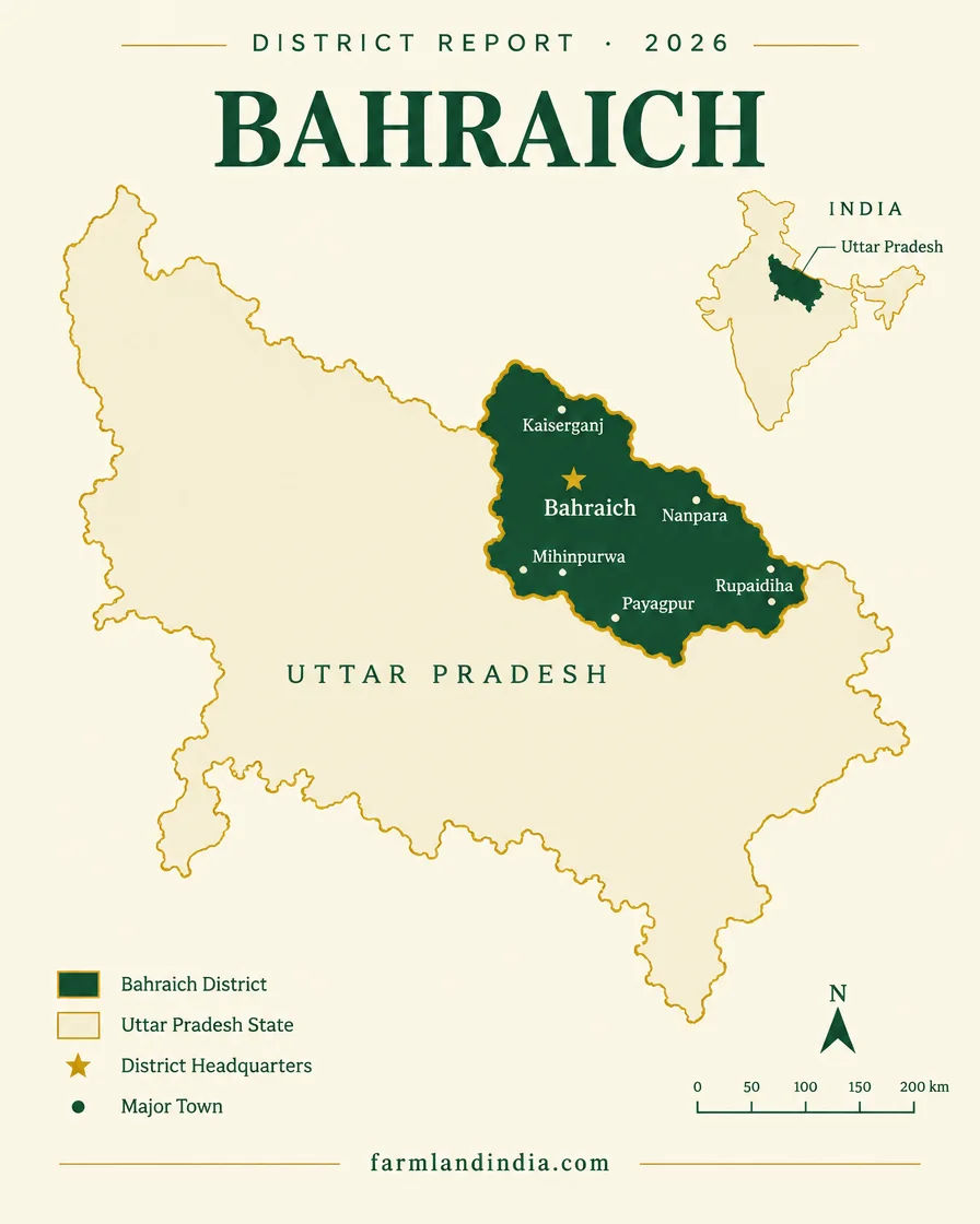 Locator map of Bahraich district in Uttar Pradesh showing Bahraich, Kaiserganj, Nanpara, Mihinpurwa, Payagpur, Rupaidiha